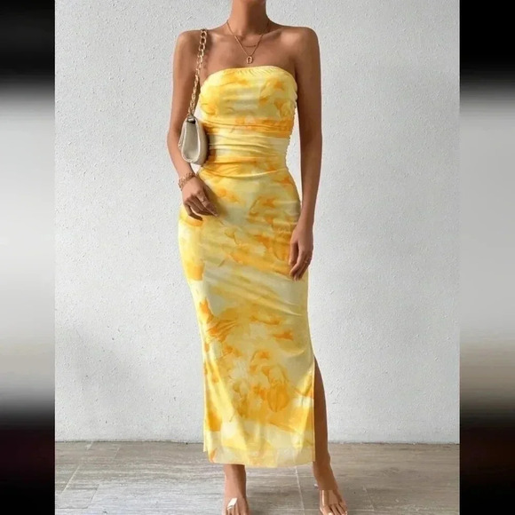 Yellow Floral Strapless Maxi Dress - Picture 3 of 6